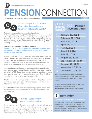 Page one of the Fall 2023 TPP Pension News for Retired Members